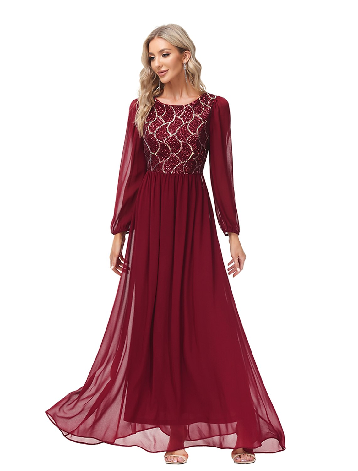 A-Line Chiffon Long Sleeve Floor-Length Evening Gown - Chloe Dress