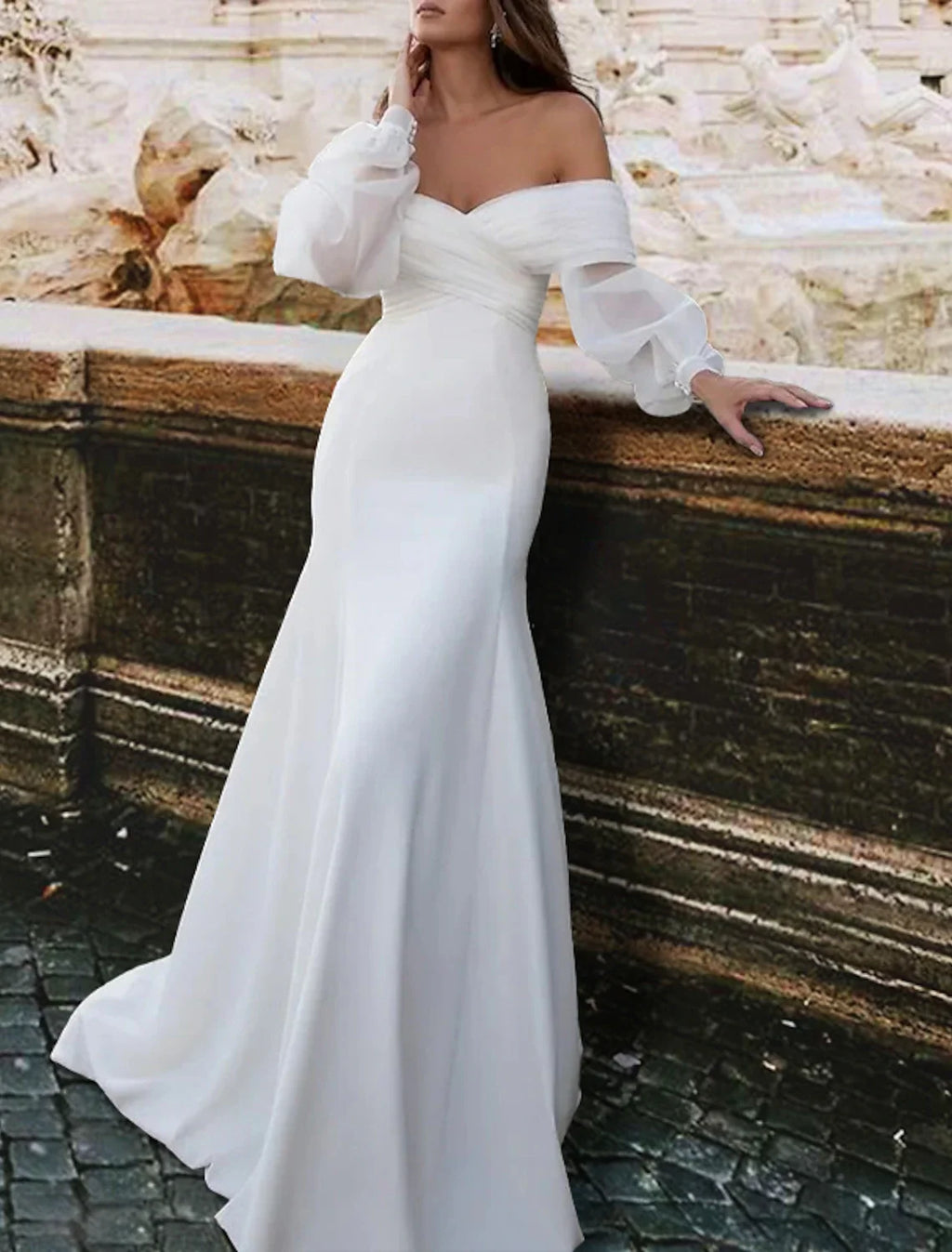 Mermaid Off-Shoulder Satin Long Sleeve Train Wedding Gown - Chloe Dress