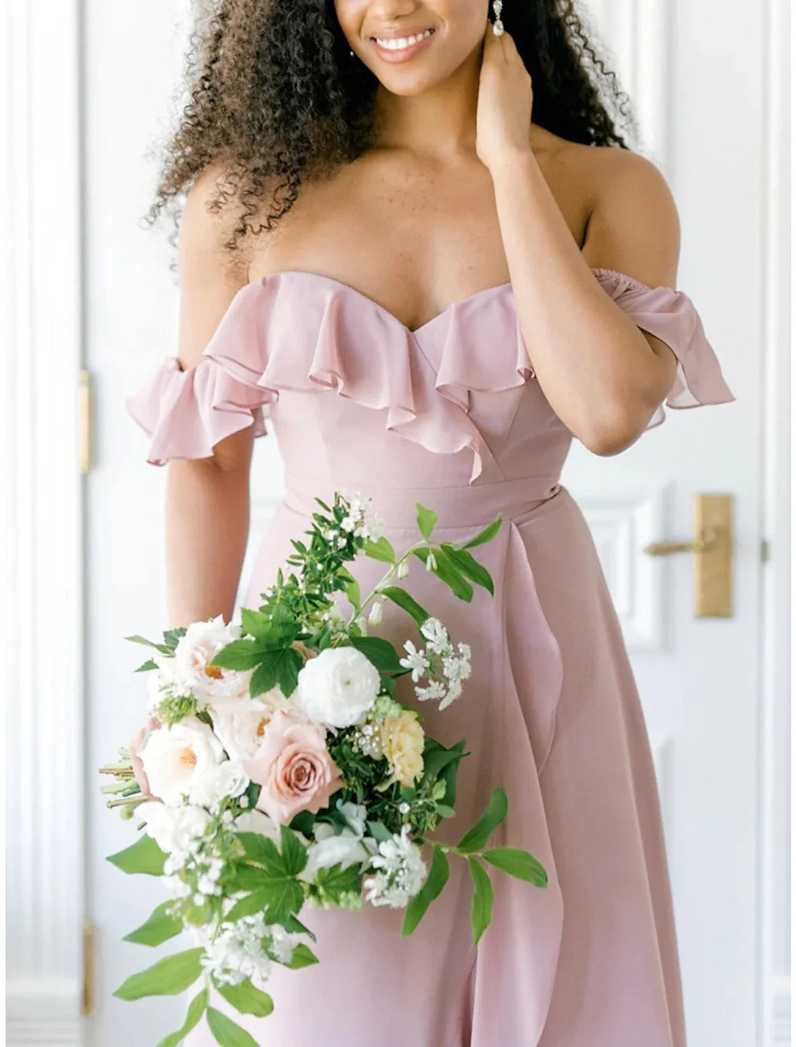 A-Line Off-Shoulder Chiffon Short Sleeve Ruffled Mini Wedding Dress - Chloe Dress