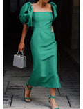 Sheath Square Neck Satin Short Sleeve Backless High Slit Mini Prom Dress - Chloe Dress
