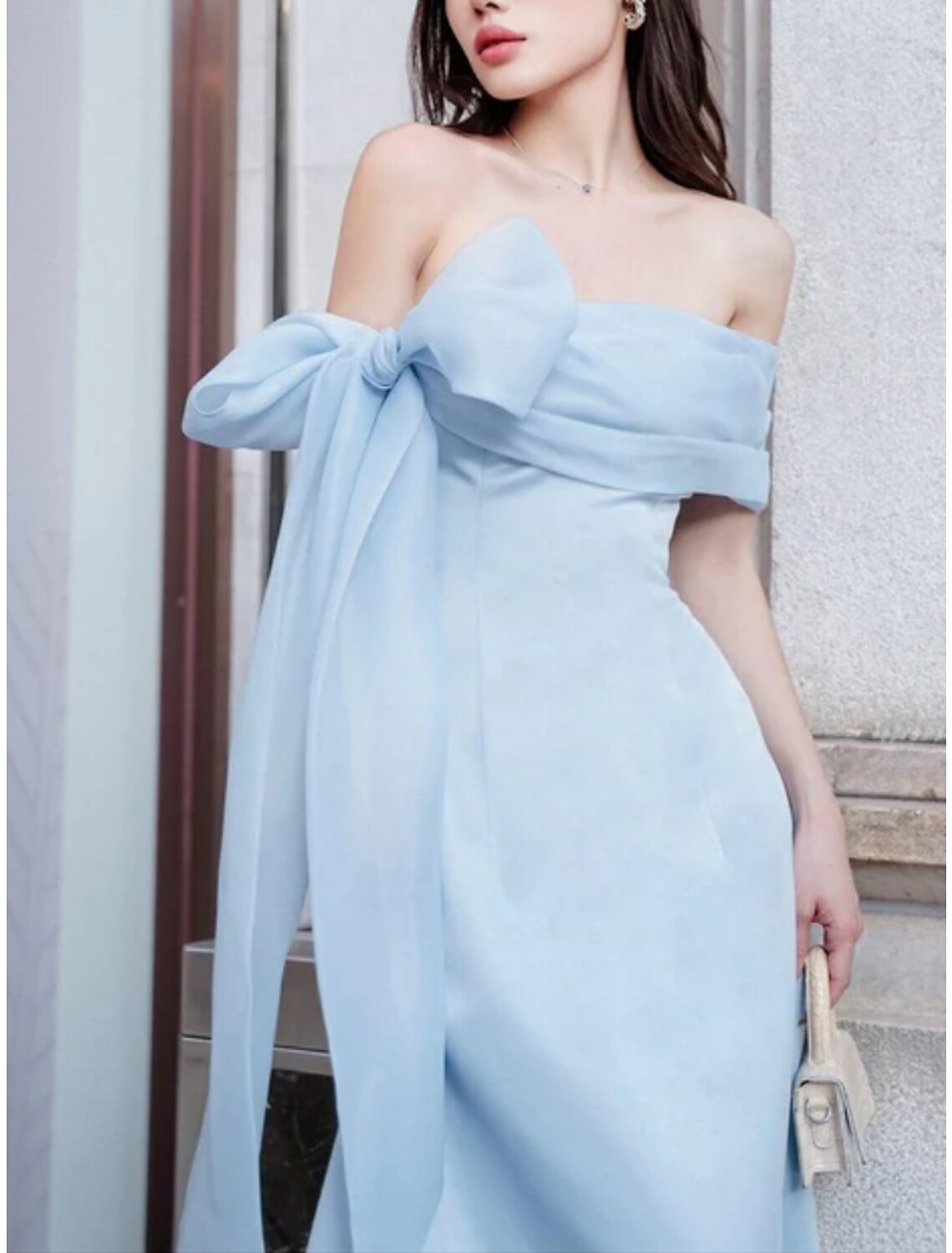 A-Line Off-Shoulder Silk Short Sleeve Pleated Mini Evening Gown - Chloe Dress