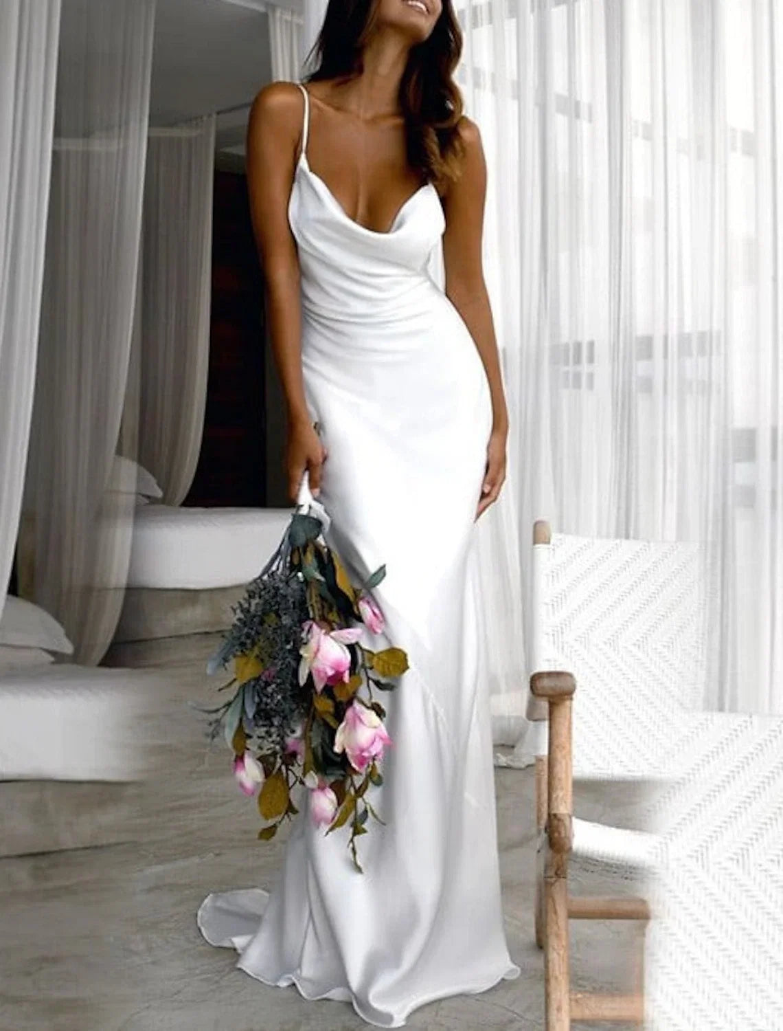 Sheath Spaghetti Strap Train Wedding Gown - Chloe Dress
