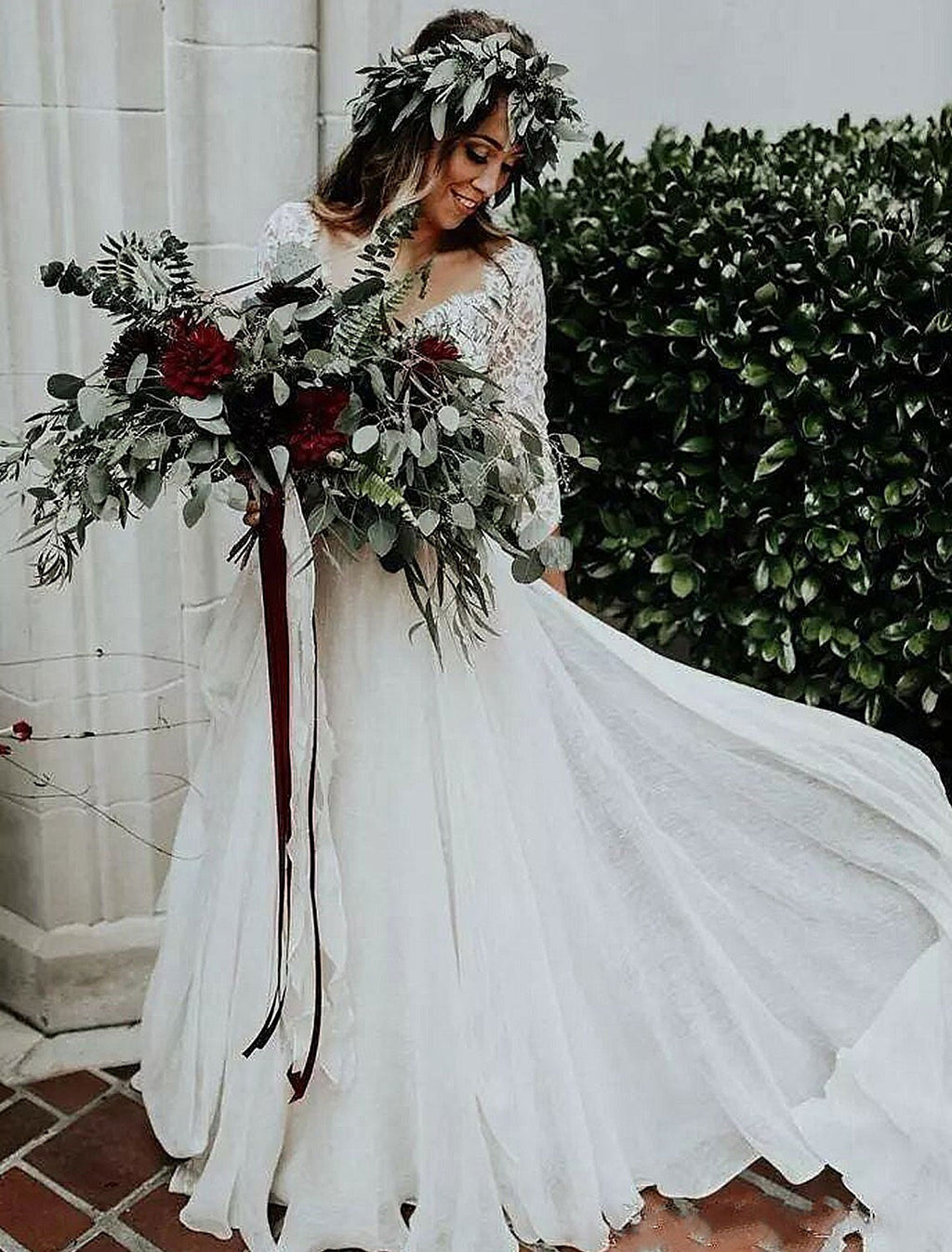 Ball Gown V-Neck Chiffon Three-Quarter Sleeve Pleated Wedding Gown - Chloe Dress