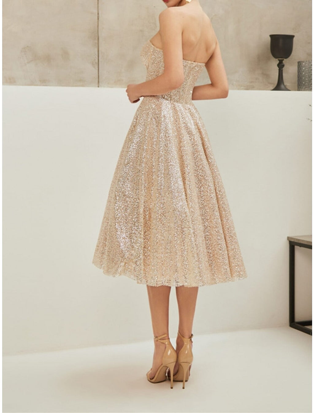 A-Line Strapless Sequin Sleeveless Lace-Up Back Pleated Knee-Length Party Dress - Chloe Dress
