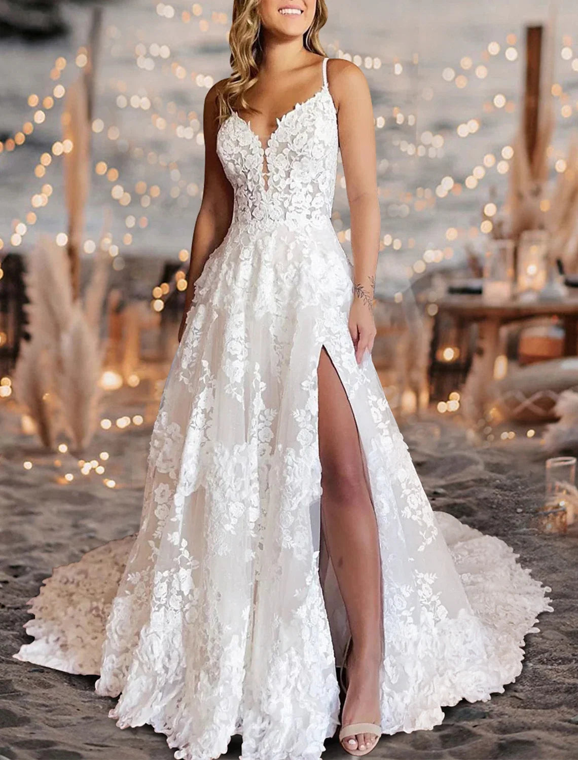 A-Line Lace Sleeveless Pleated Wedding Gown - Chloe Dress