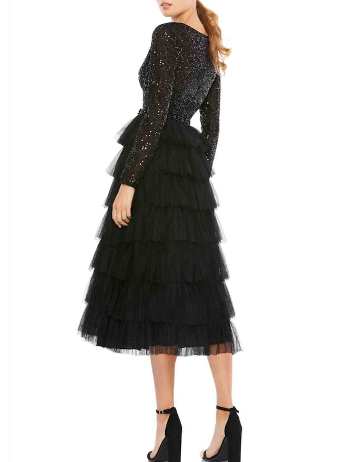 A-Line Tulle Long Sleeve Tiered Tea-Length Wedding Dress - Chloe Dress