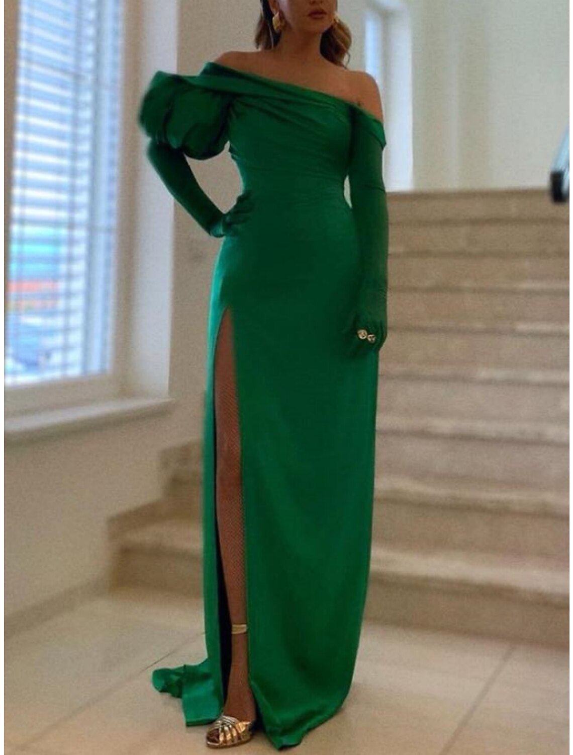 Green A-Line Off-Shoulder Satin Long Sleeve High Slit Evening Gown - Chloe Dress