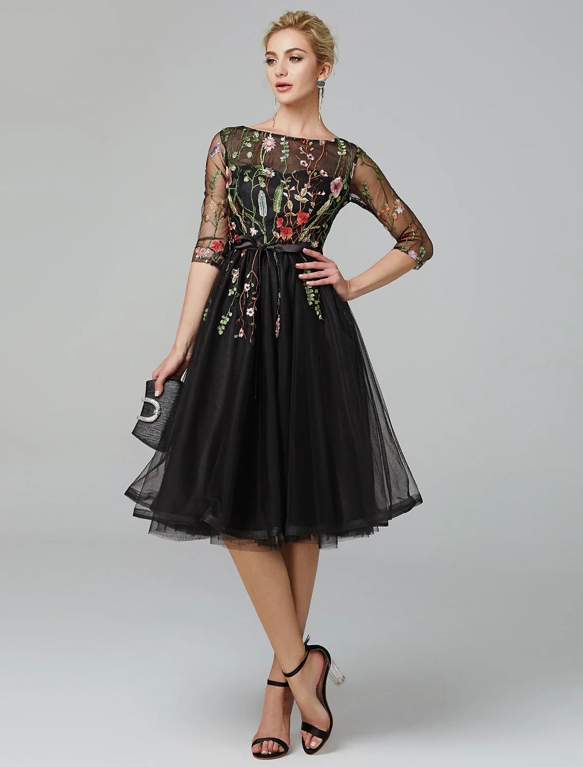 Black A-Line Illusion Tulle Long Sleeve Applique Knee-Length Wedding Dress - Chloe Dress