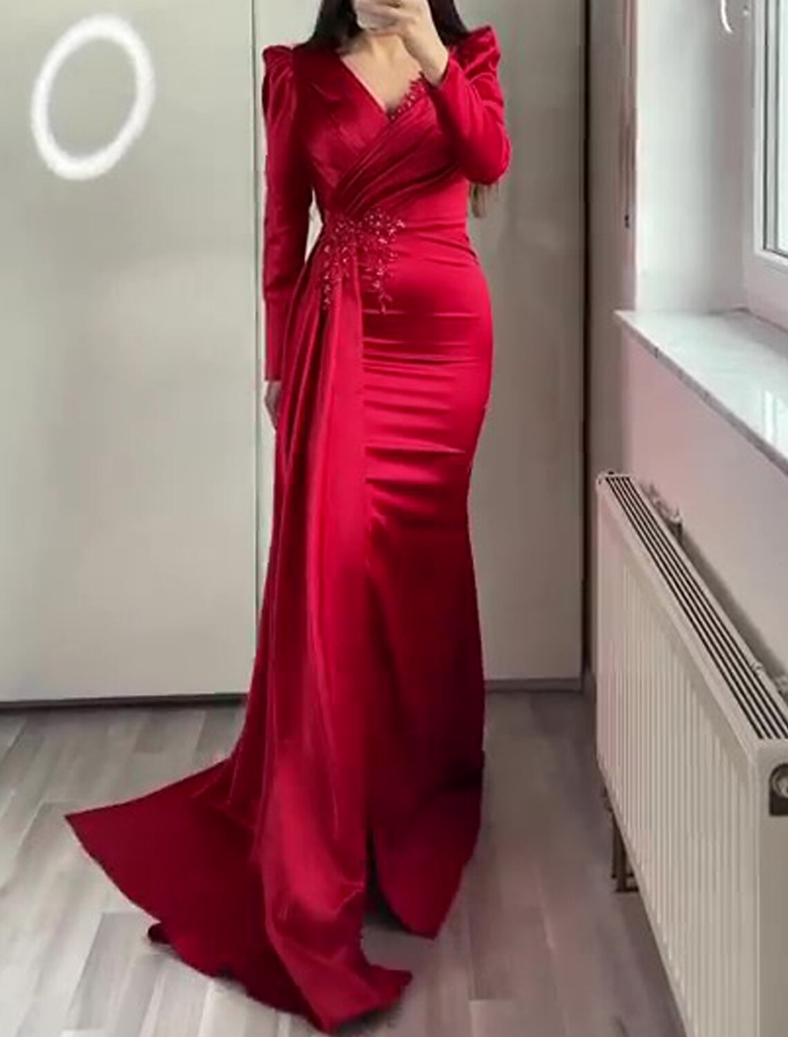 Black Mermaid V-Neck Satin Short Sleeve Applique Floor-Length Evening Gown - Chloe Dress