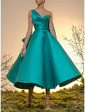 Black Ball Gown One-Shoulder Satin Sleeveless Tea-Length Wedding Gown - Chloe Dress