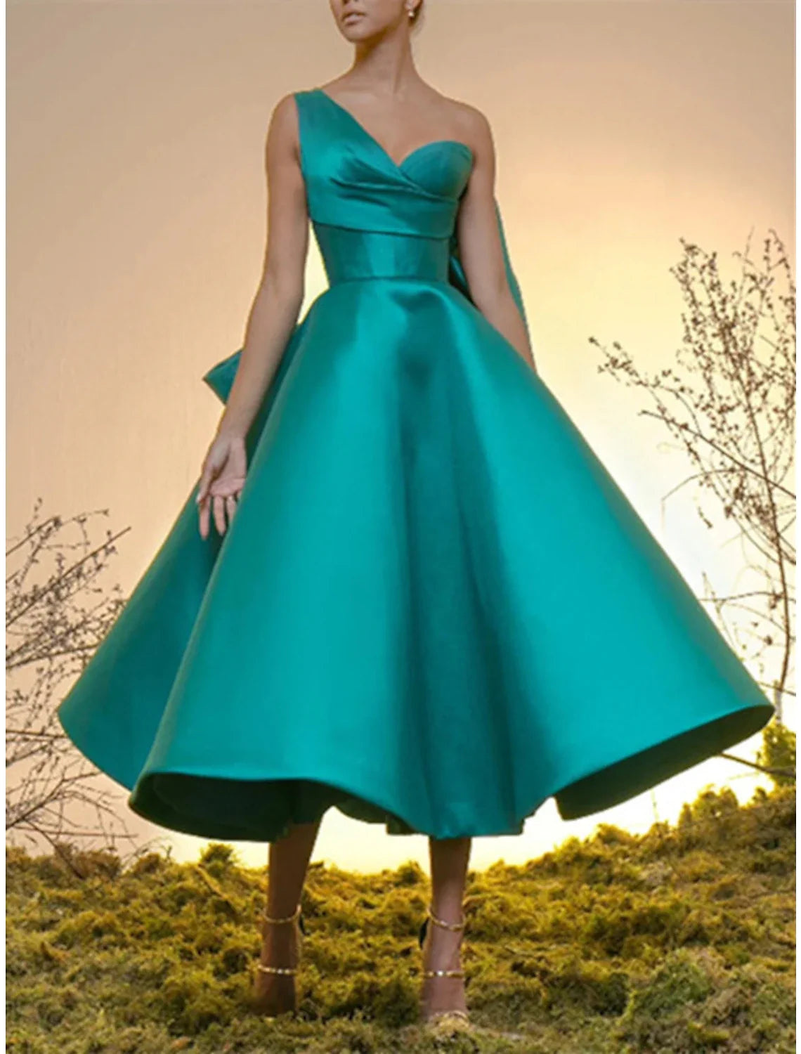 Black Ball Gown One-Shoulder Satin Sleeveless Tea-Length Wedding Gown - Chloe Dress