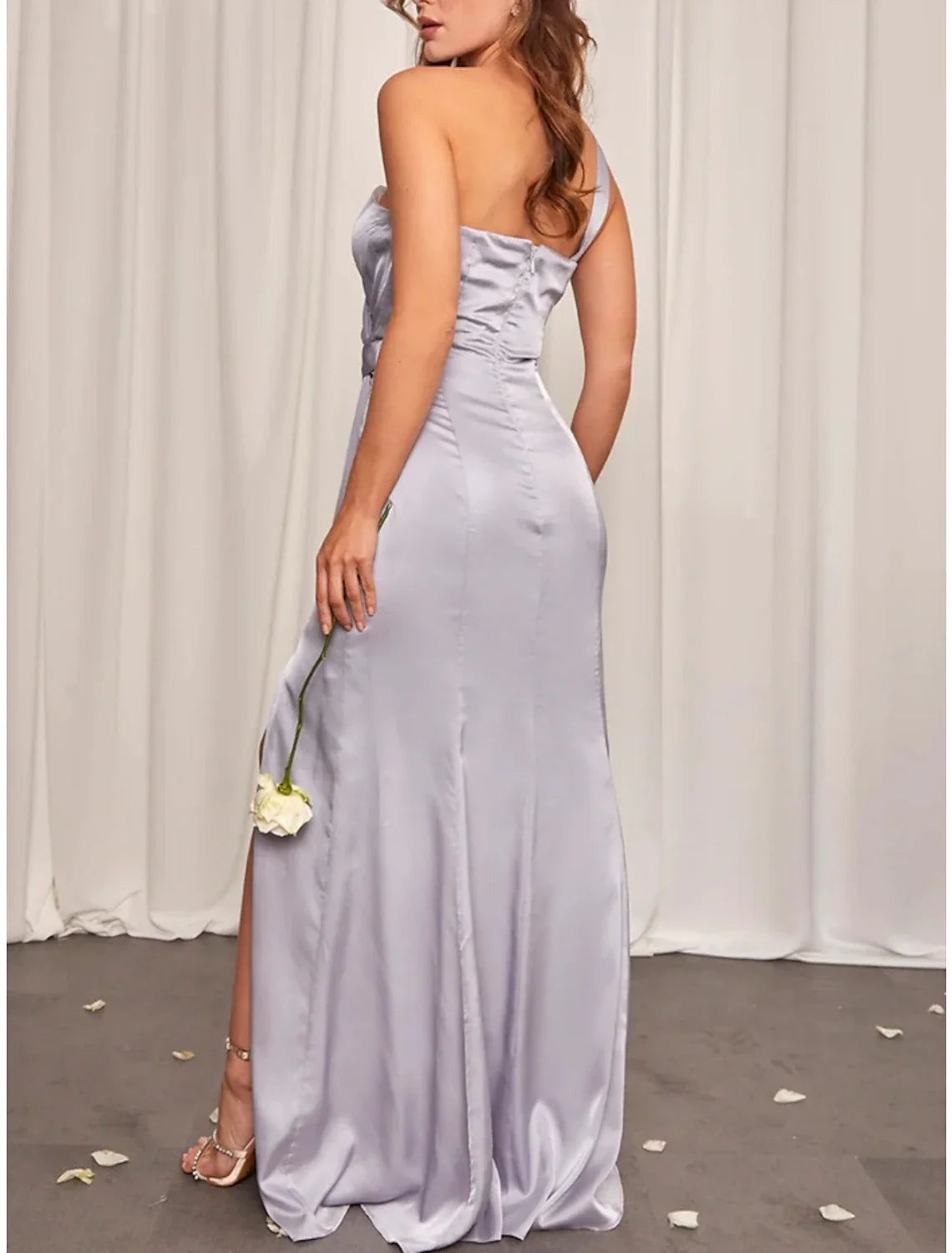 Sheath One-Shoulder Satin Sleeveless Train Wedding Dress - Chloe Dress