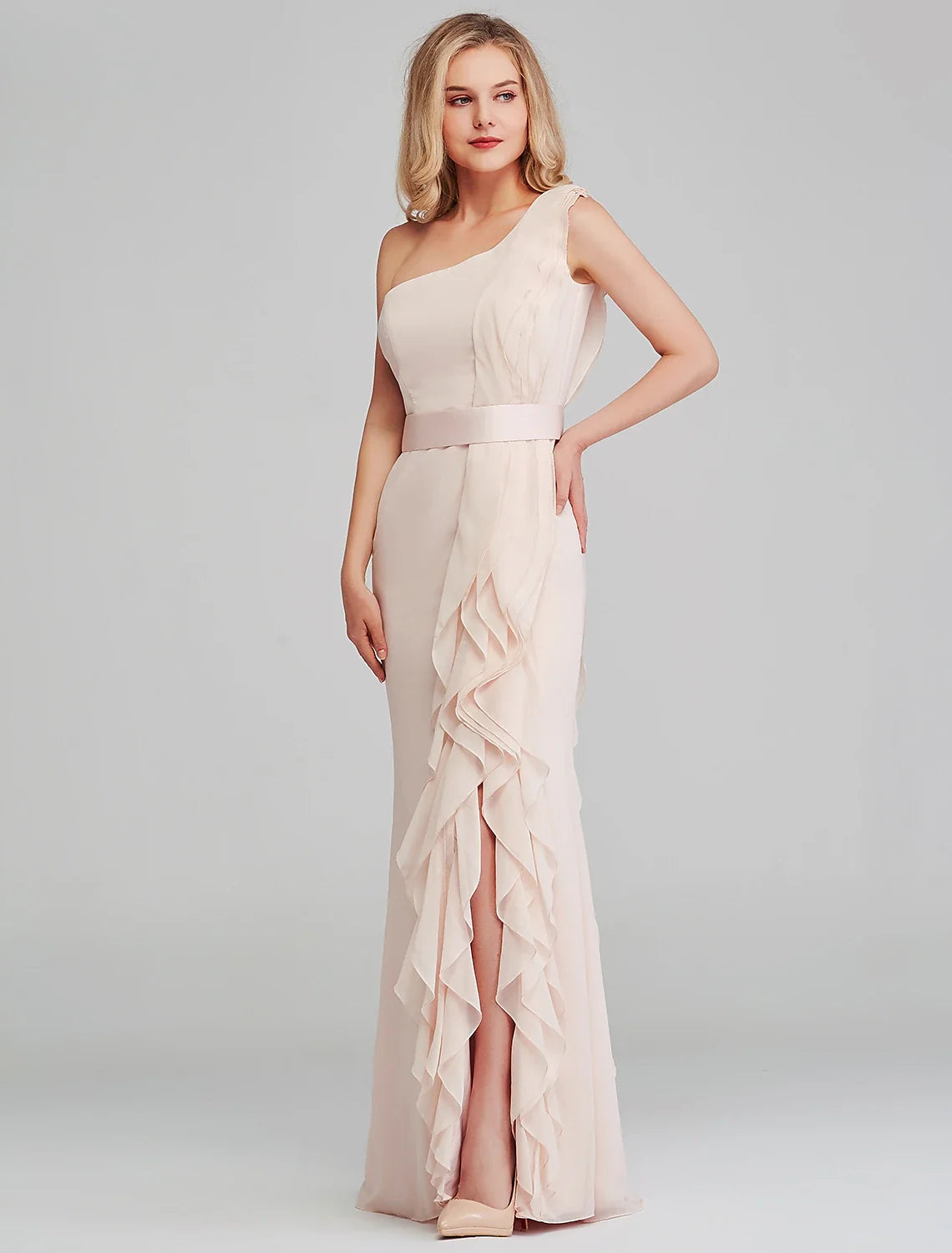 Sheath One-Shoulder Chiffon Sleeveless Ruffled Wedding Dress - Chloe Dress