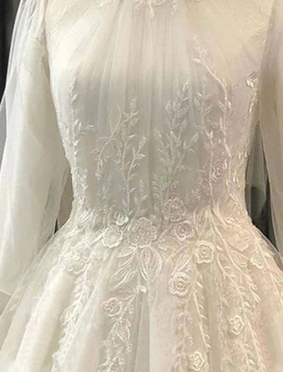 Ball Gown High Neck Lace Long Sleeve Pleated Wedding Gown - Chloe Dress