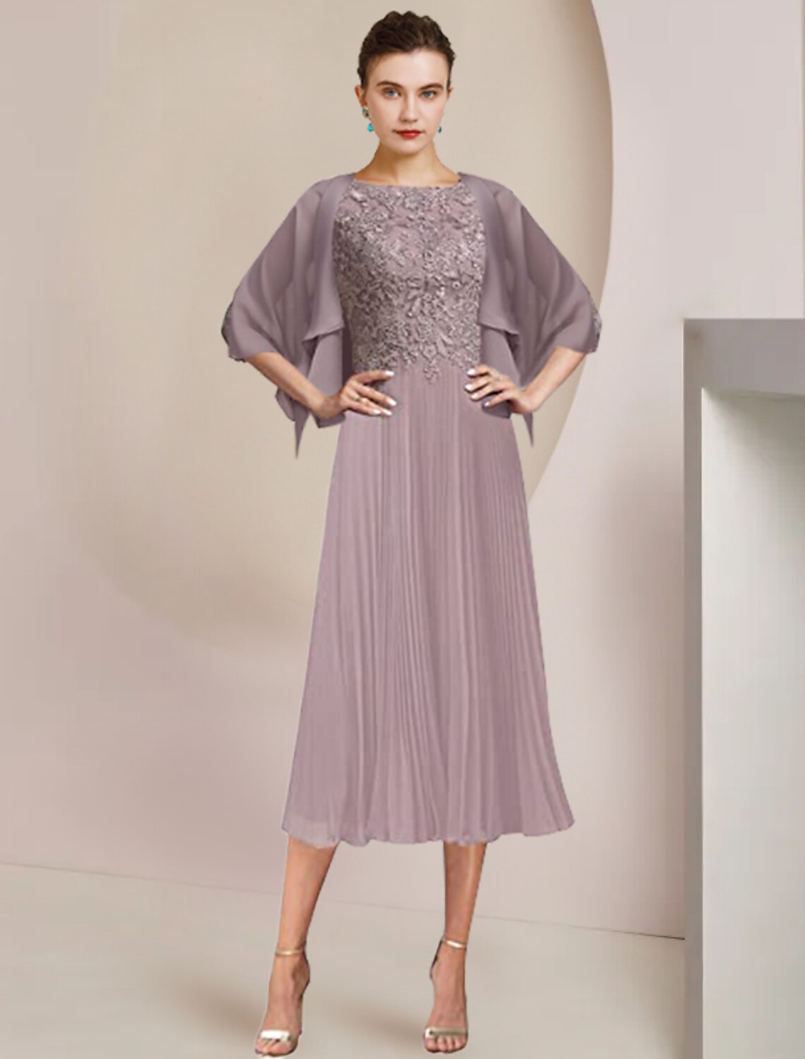 A-Line Lace Three-Quarter Sleeve Pleated Tea-Length Wedding Dress - Chloe Dress