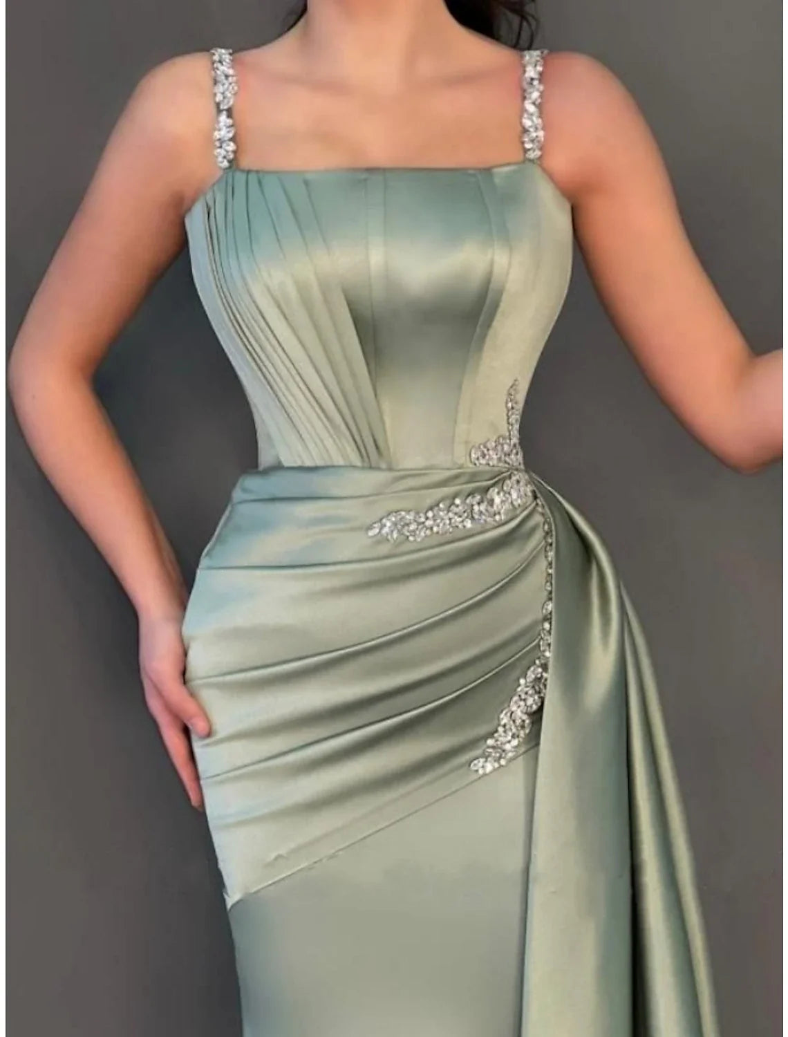 Green A-Line Spaghetti Strap Satin Sleeveless Pleated Evening Gown - Chloe Dress