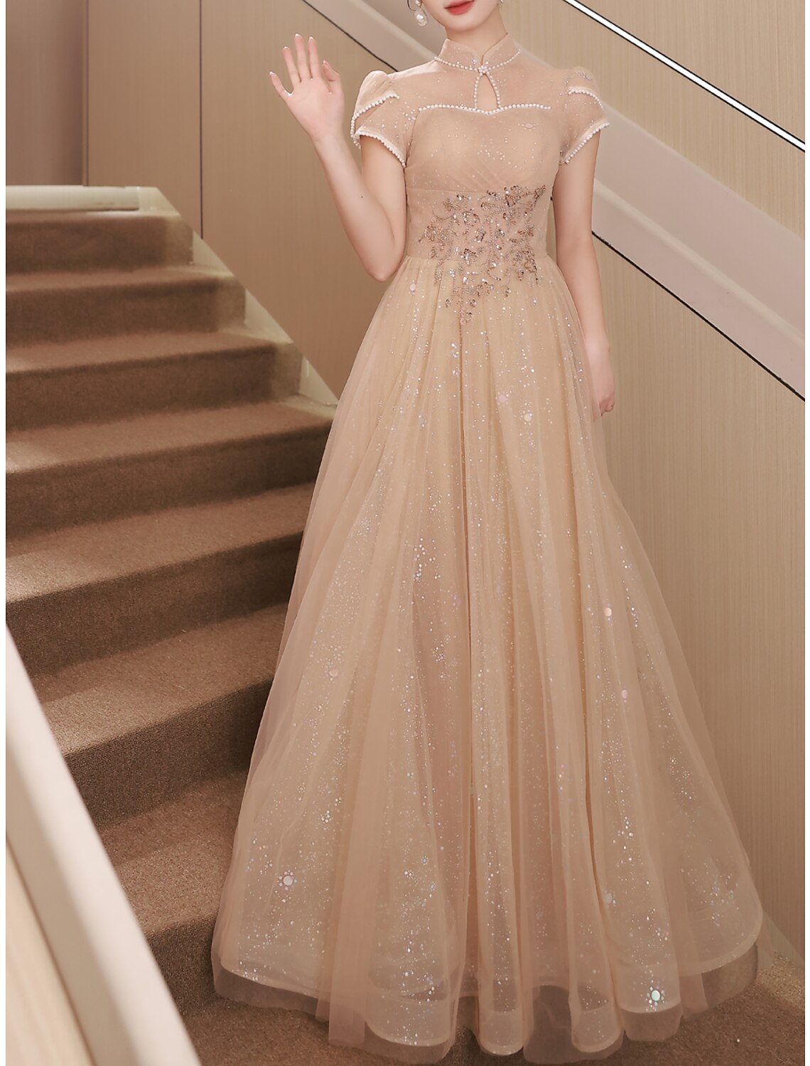 A-Line Satin Short Sleeve Button Back Floor-Length Evening Gown - Chloe Dress