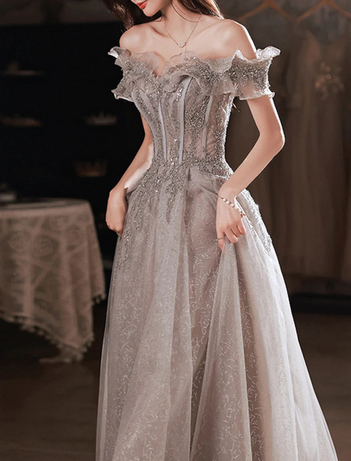 A-Line Off-Shoulder Sequin Short Sleeve Ruffled Floor-Length Prom Dress - Chloe Dress