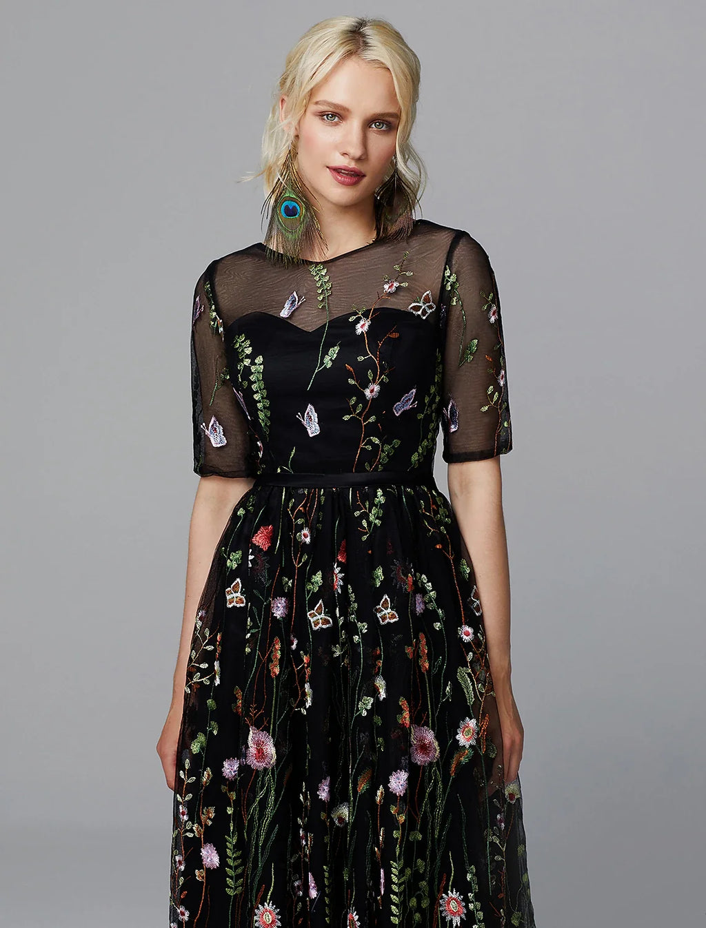 A-Line Illusion Lace Applique Tea-Length Wedding Dress - Chloe Dress