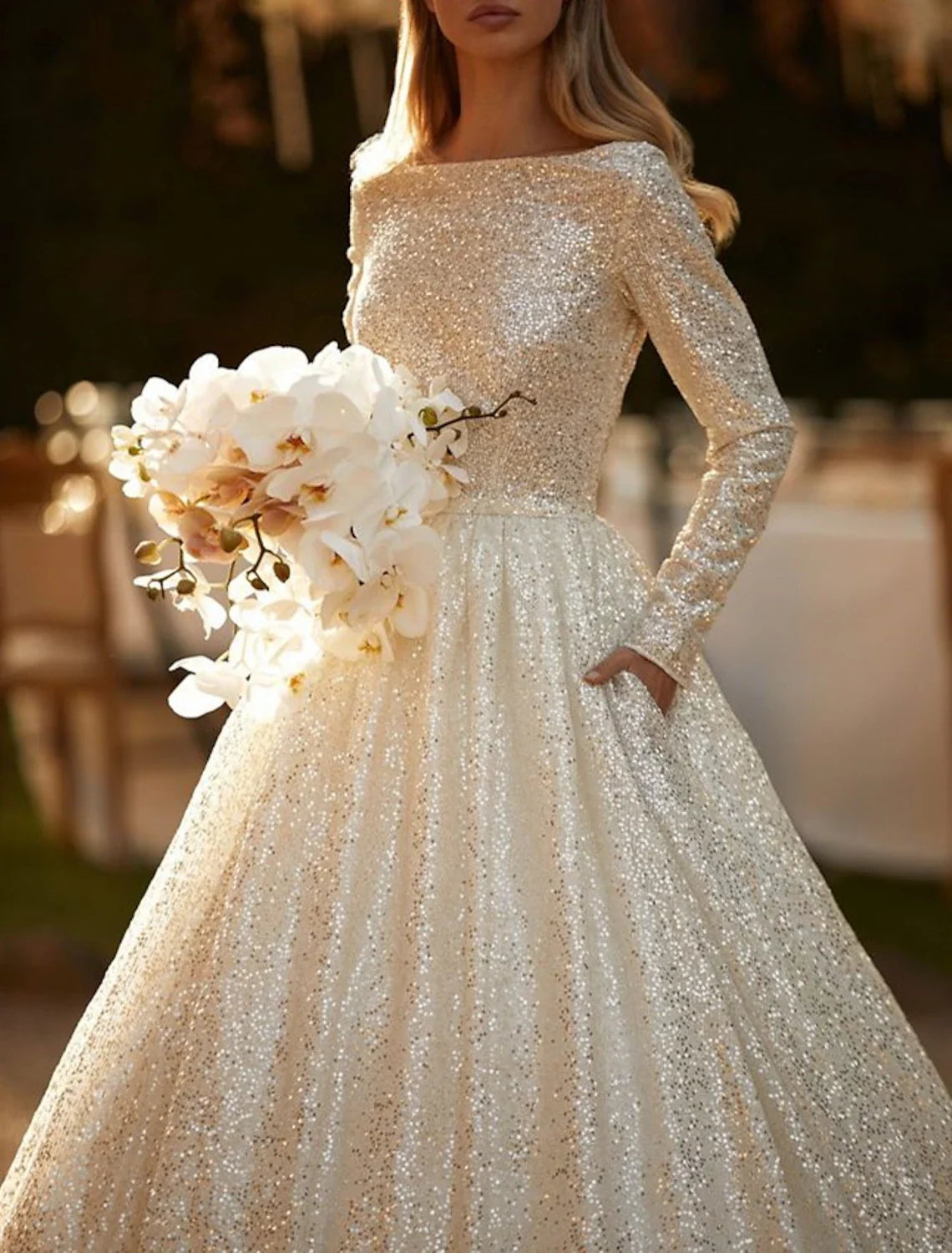 Ball Gown Sequin Long Sleeve Train Wedding Gown - Chloe Dress
