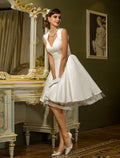 White A-Line Sweetheart Satin Cap Sleeve Button Back Knee-Length Wedding Gown - Chloe Dress