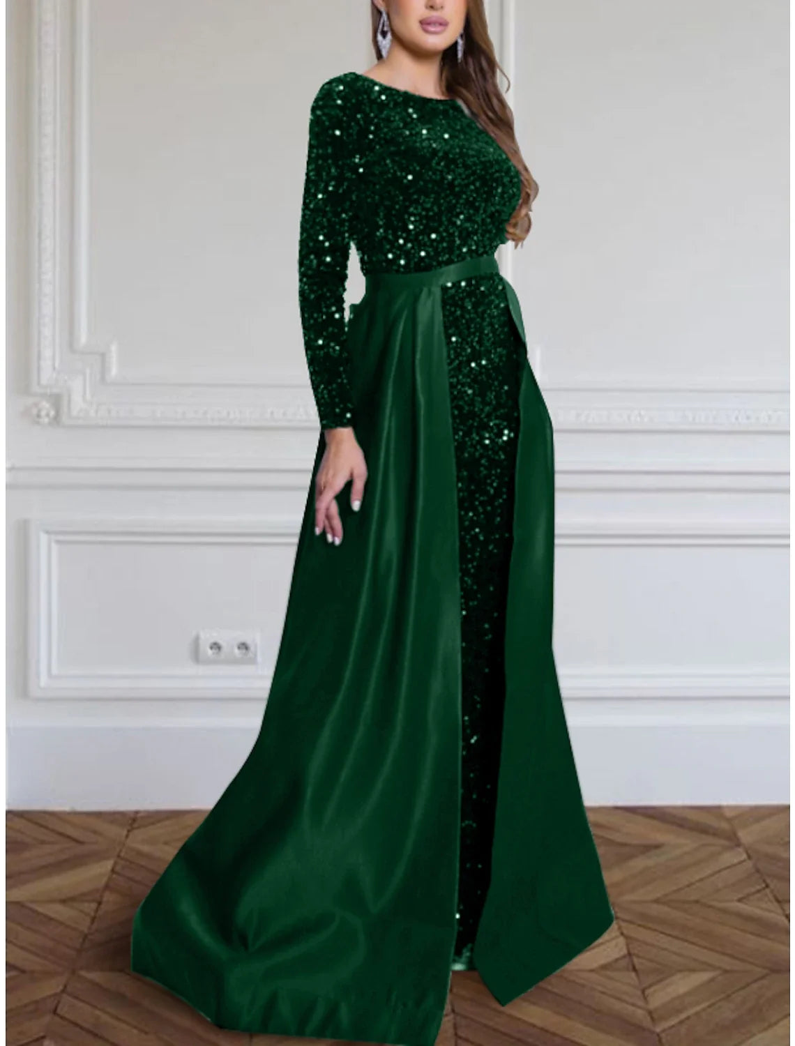 Black A-Line Sequin Long Sleeve Pleated Evening Gown - Chloe Dress