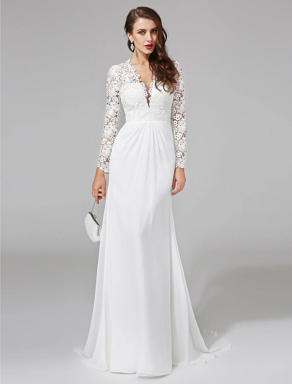 Sheath Illusion Chiffon Long Sleeve Button Back Train Wedding Gown - Chloe Dress
