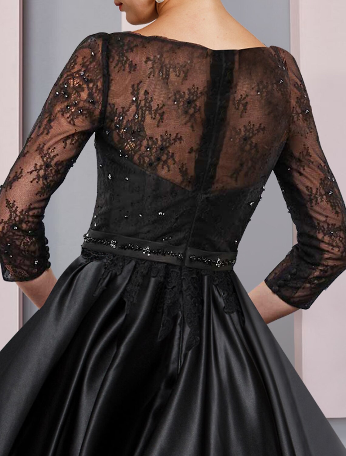 A-Line Satin Three-Quarter Sleeve Pleated Tea-Length Wedding Dress - Chloe Dress