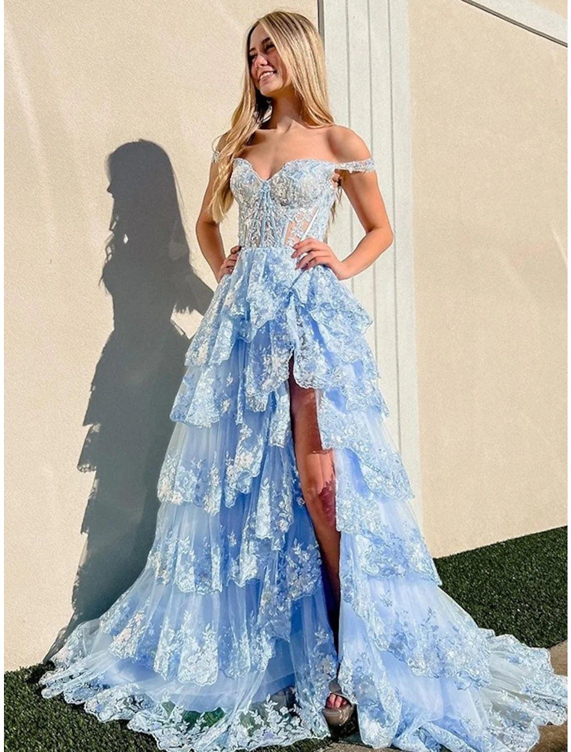 Mermaid Off-Shoulder Tulle Sleeveless Lace-Up Back High Slit Evening Dress - Chloe Dress