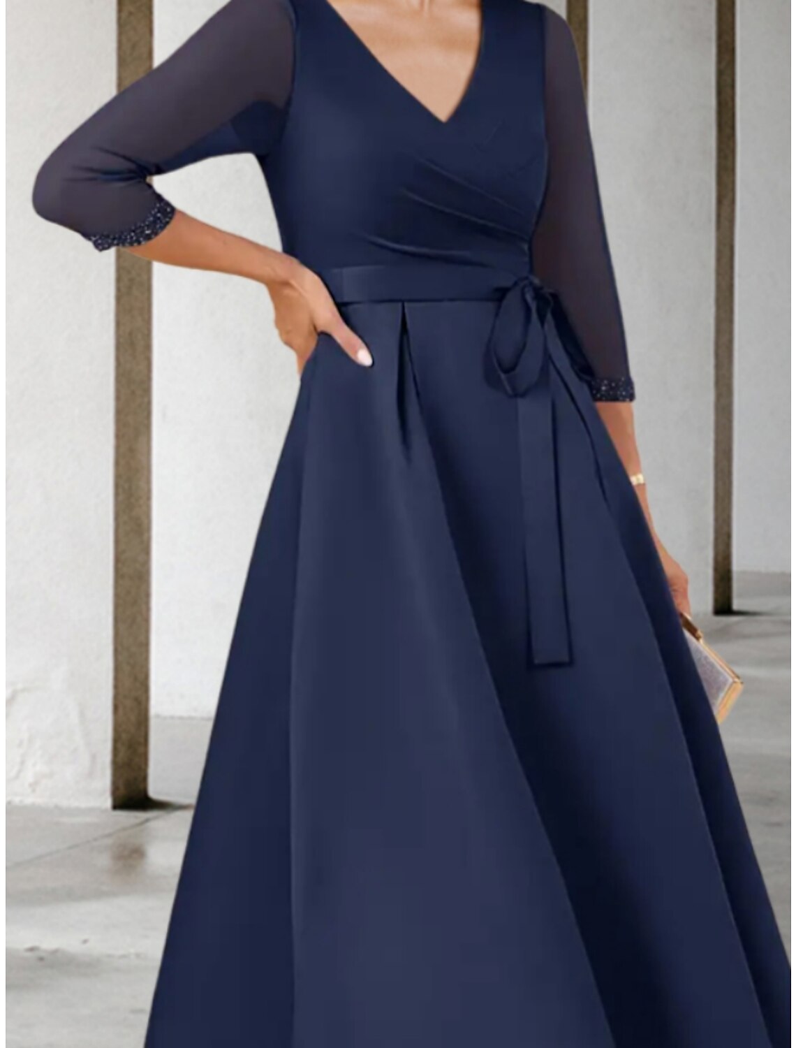 A-Line V-Neck Chiffon Three-Quarter Sleeve Tea-Length Wedding Dress - Chloe Dress