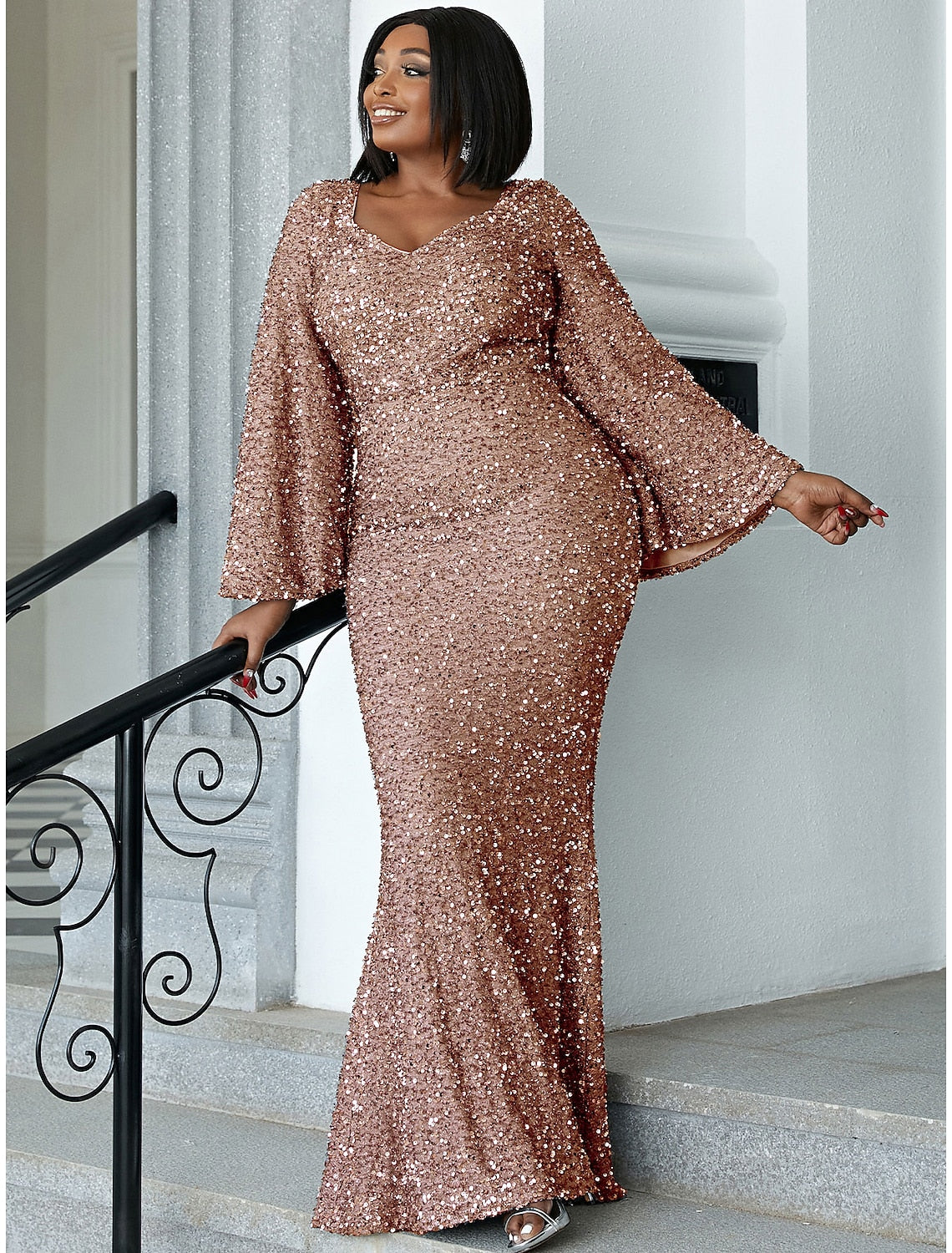 Black Mermaid Sequin Long Sleeve Floor-Length Wedding Dress - Chloe Dress