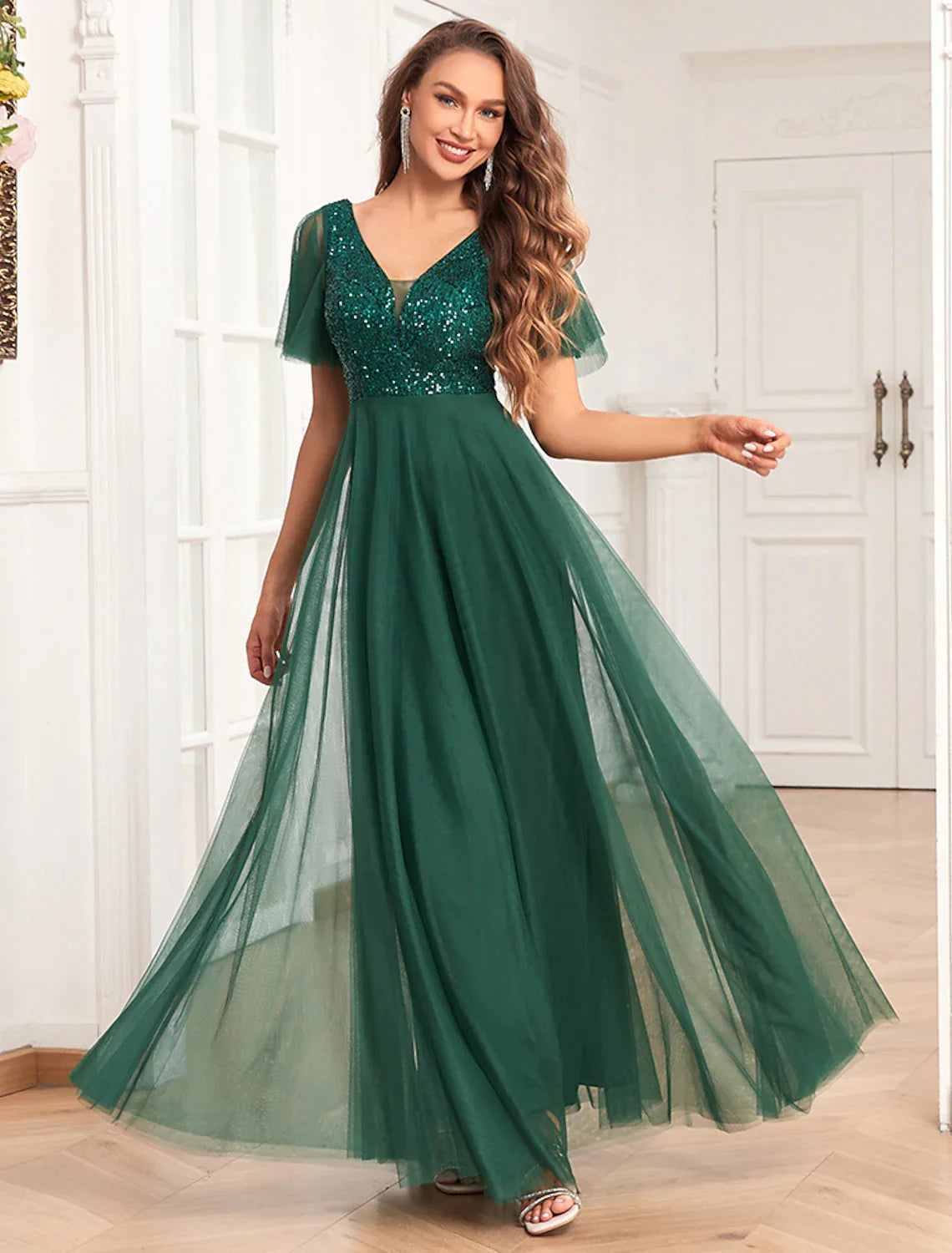 A-Line V-Neck Chiffon Short Sleeve Floor-Length Evening Dress - Chloe Dress