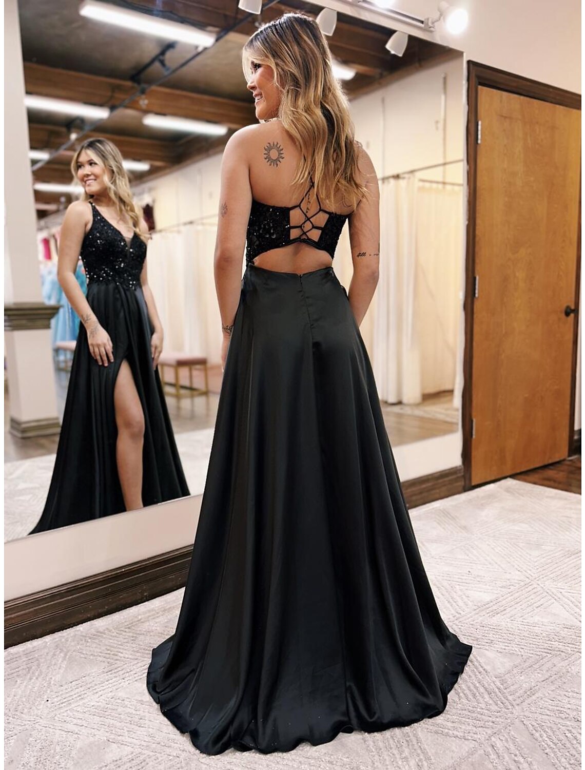 A-Line V-Neck Satin Sleeveless Backless Applique Floor-Length Evening Gown - Chloe Dress