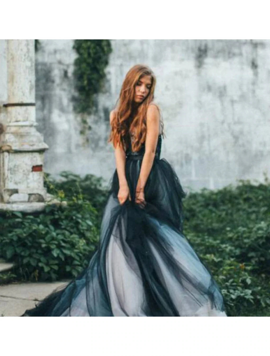 Black Ball Gown V-Neck Tulle Sleeveless Pleated Wedding Gown - Chloe Dress
