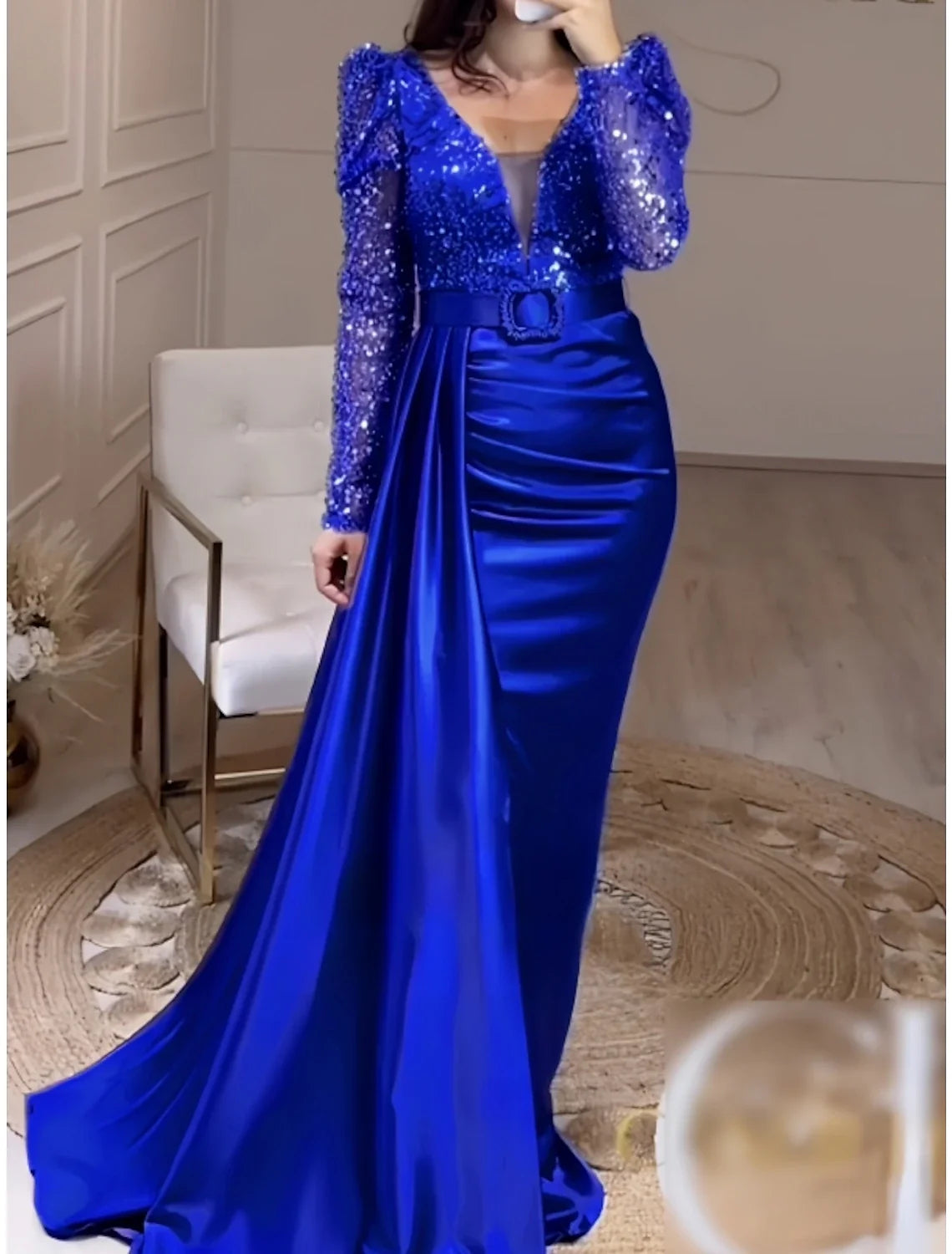 A-Line V-Neck Satin Long Sleeve Pleated Evening Gown - Chloe Dress