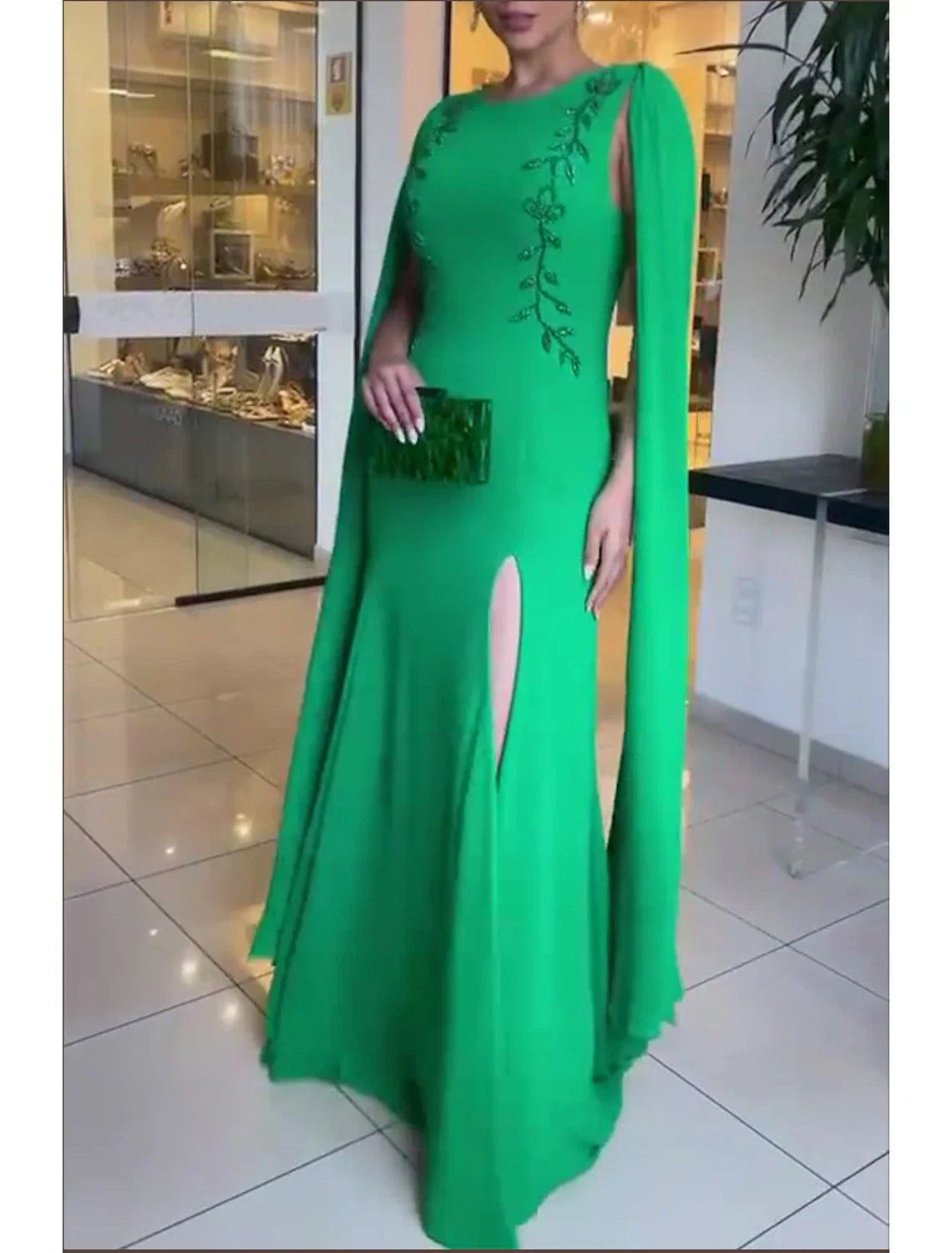 Black A-Line Chiffon Long Sleeve Applique Floor-Length Evening Gown - Chloe Dress
