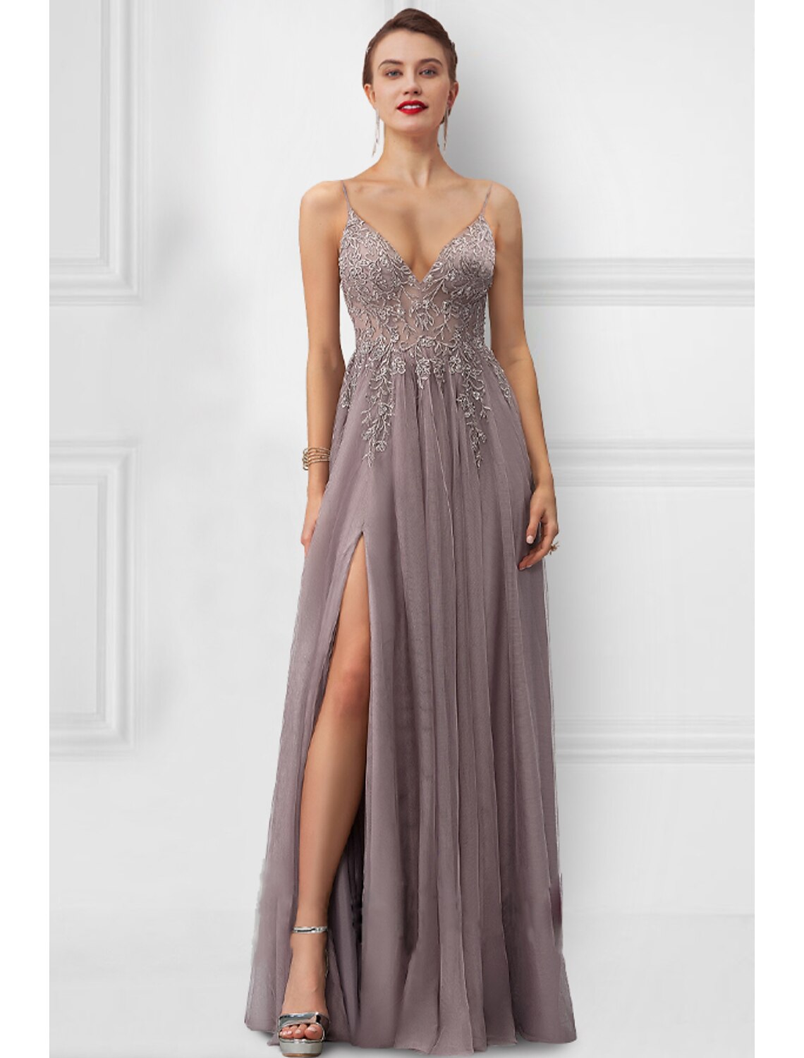 A-Line Spaghetti Strap Tulle Sleeveless High Slit Floor-Length Prom Dress - Chloe Dress