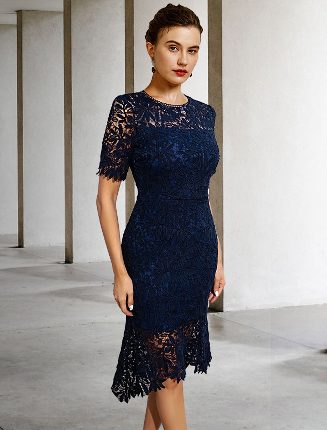 Sheath High Neck Lace Short Sleeve Applique Mini Dress - Chloe Dress
