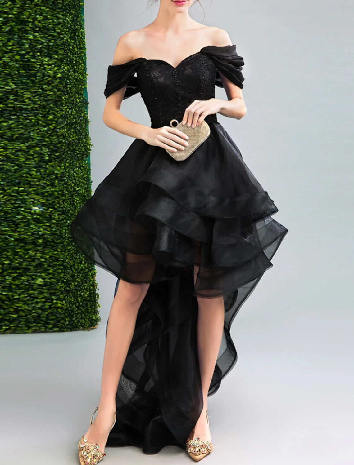 Black A-Line Off-Shoulder Organza Sleeveless Backless Ruffled Prom Dress - Chloe Dress