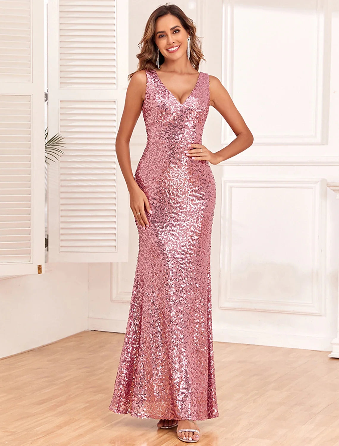 Mermaid V-Neck Sequin Sleeveless Backless Floor-Length Evening Gown - Chloe Dress