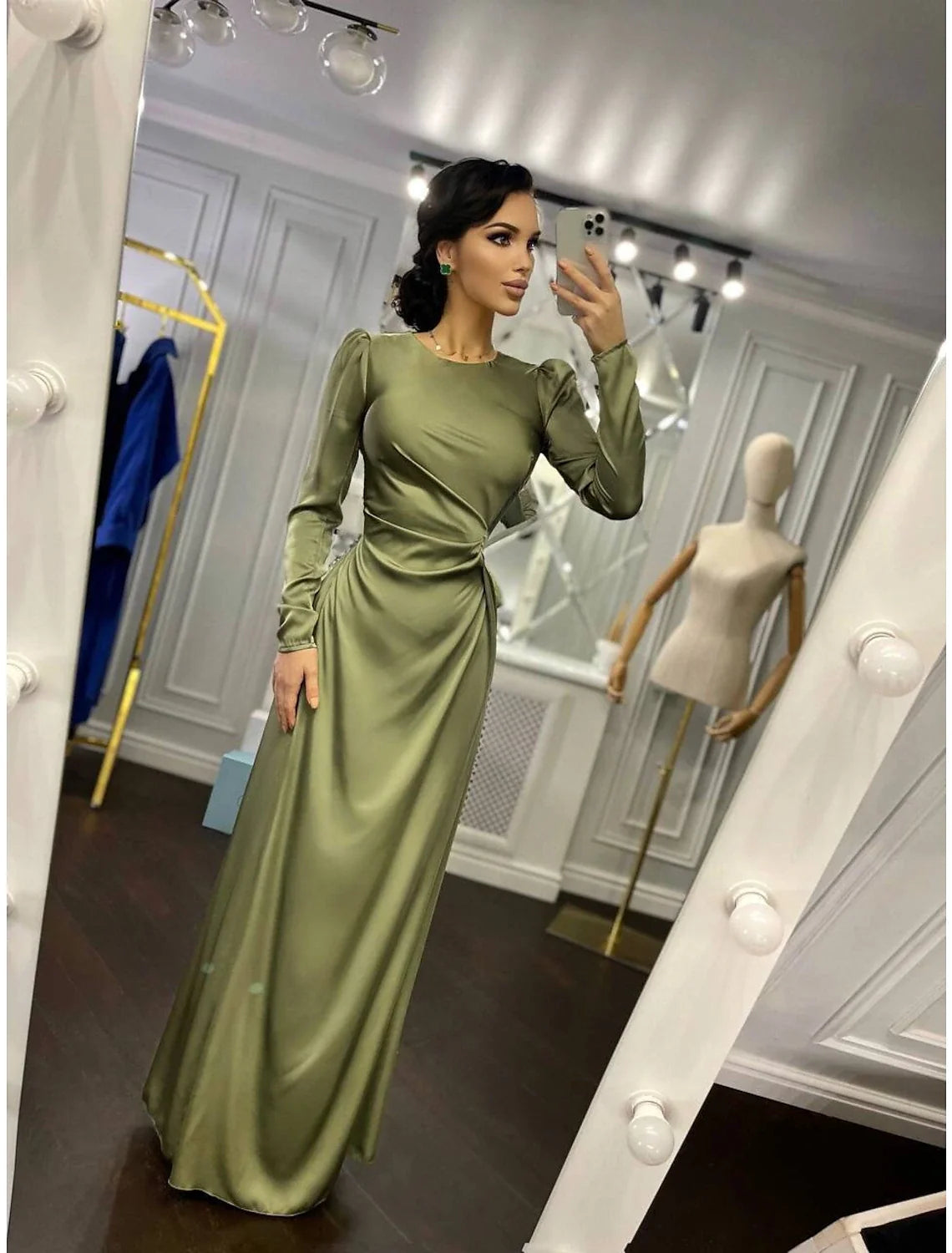 Sheath High Neck Satin Long Sleeve Floor-Length Evening Gown - Chloe Dress