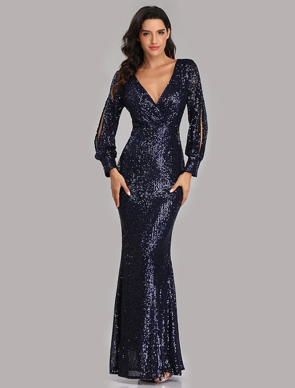 Mermaid V-Neck Sequin Long Sleeve Floor-Length Evening Gown - Chloe Dress