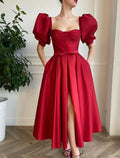 A-Line Square Neck Satin Button Back High Slit Tea-Length Wedding Dress - Chloe Dress