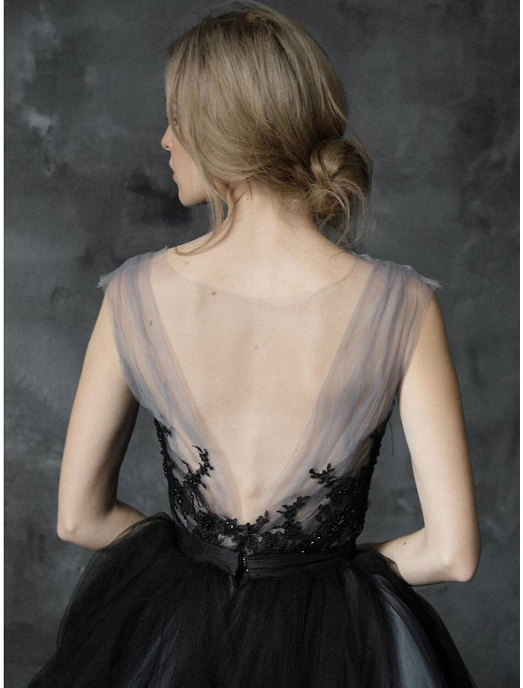 Black Ball Gown V-Neck Tulle Sleeveless Pleated Wedding Gown - Chloe Dress