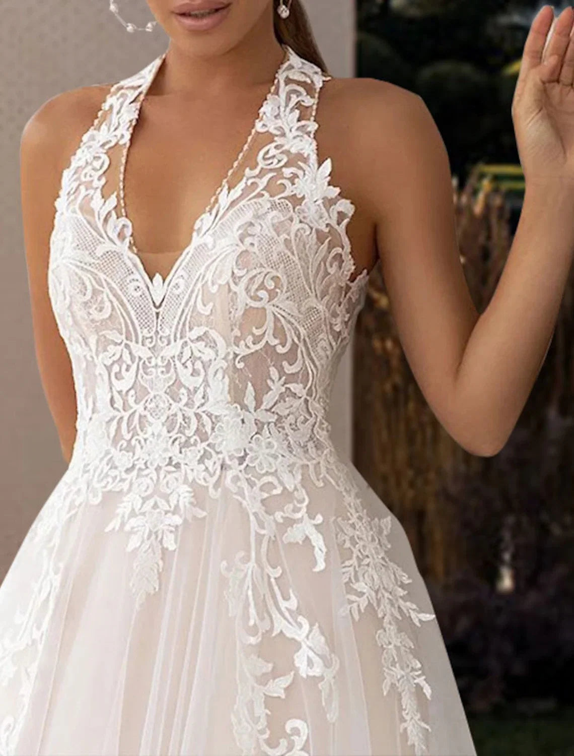 A-Line Halter Lace Sleeveless Open Back Pleated Wedding Gown - Chloe Dress