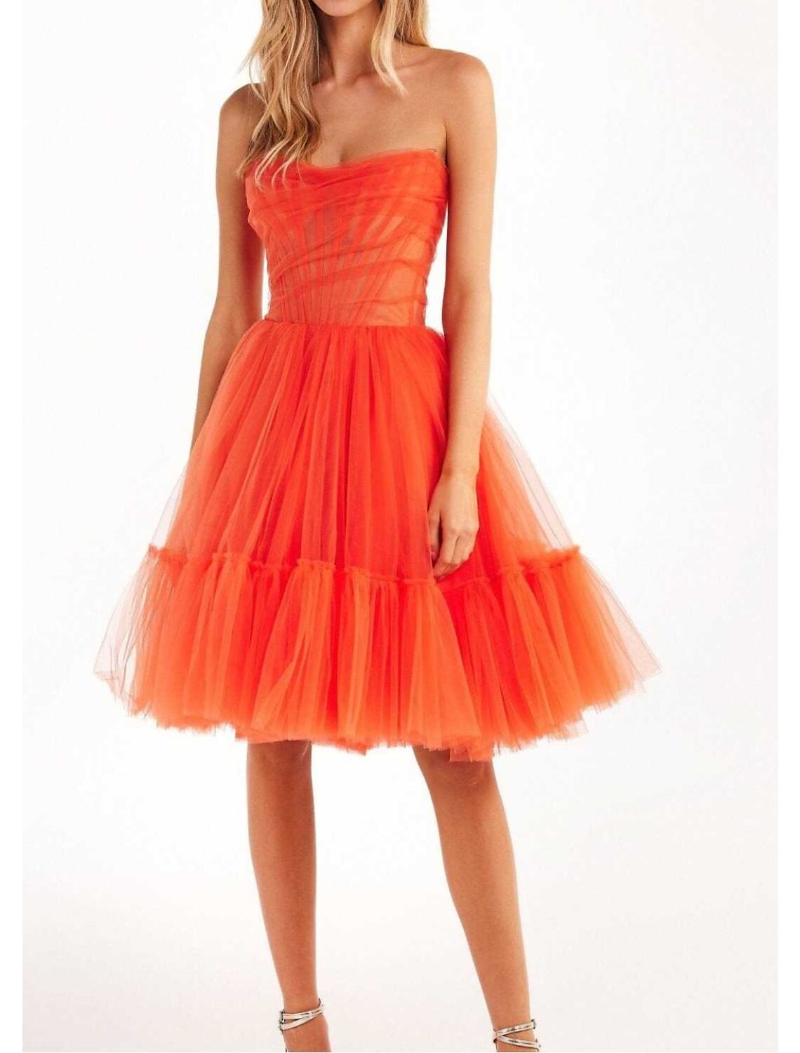 A-Line Strapless Tulle Sleeveless Lace-Up Back Pleated Knee-Length Wedding Dress - Chloe Dress