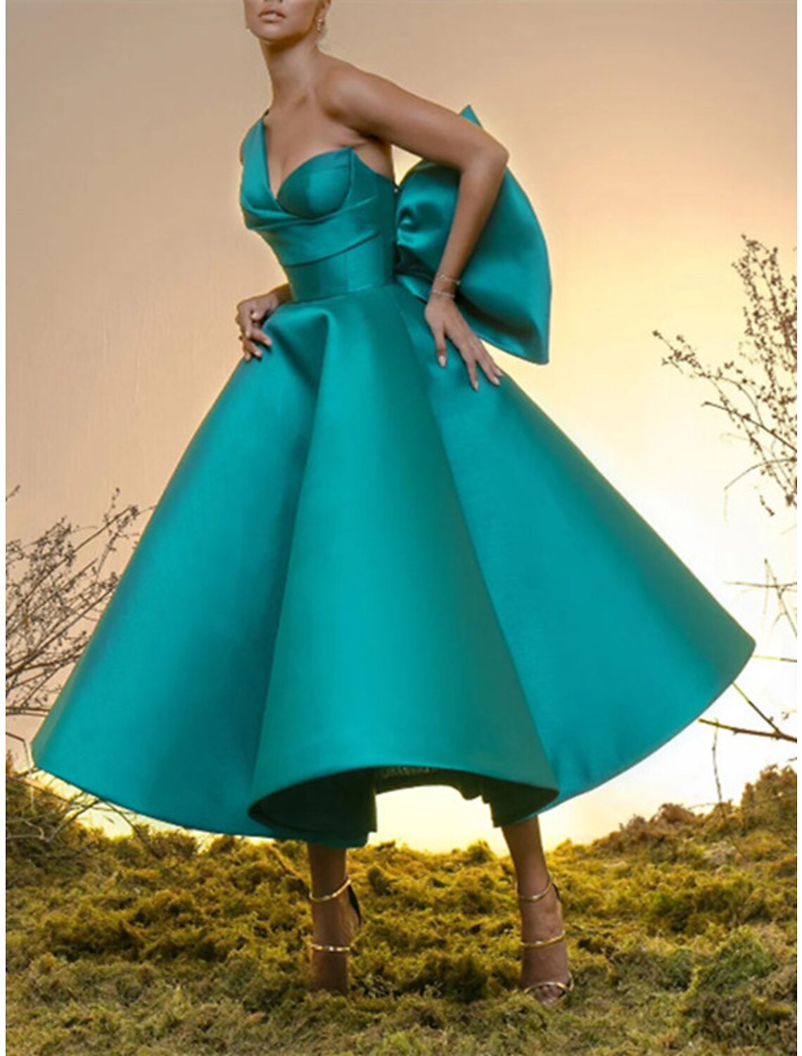 Black Ball Gown One-Shoulder Satin Sleeveless Tea-Length Wedding Gown - Chloe Dress