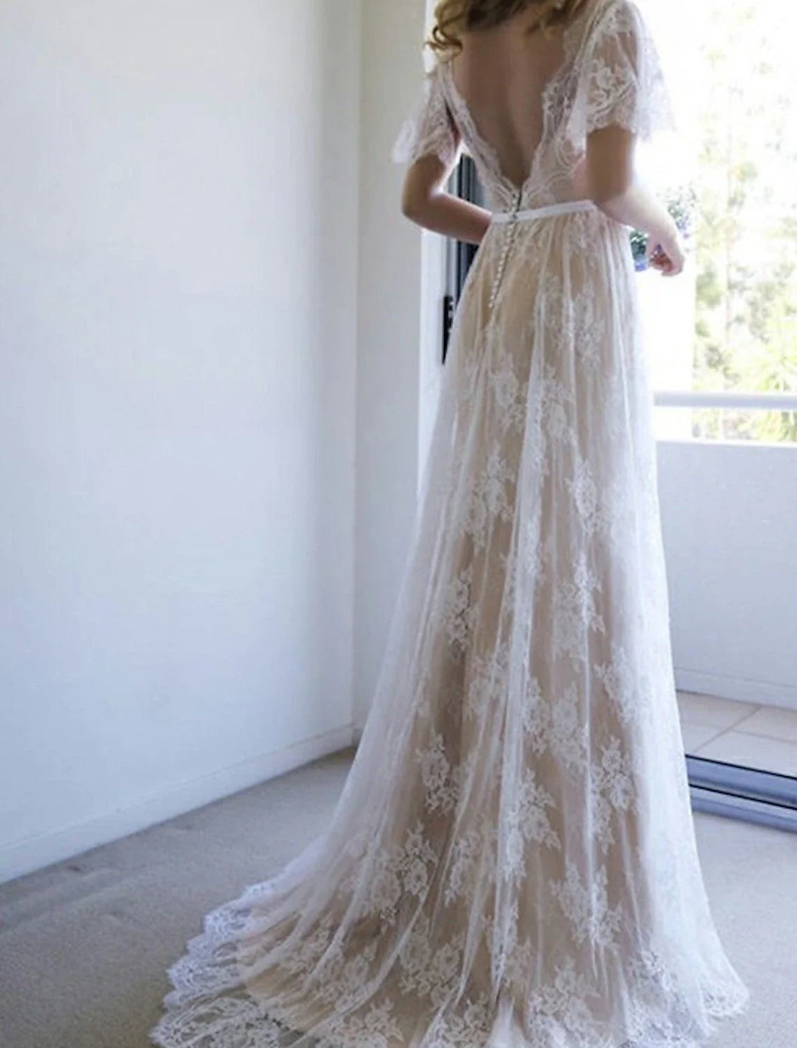 A-Line V-Neck Lace Short Sleeve Train Mini Wedding Gown - Chloe Dress