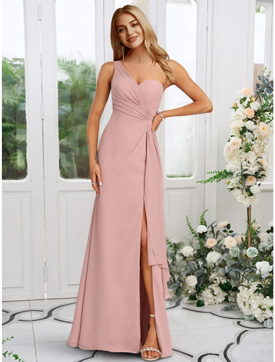 A-Line One-Shoulder Chiffon Sleeveless Floor-Length Wedding Dress - Chloe Dress