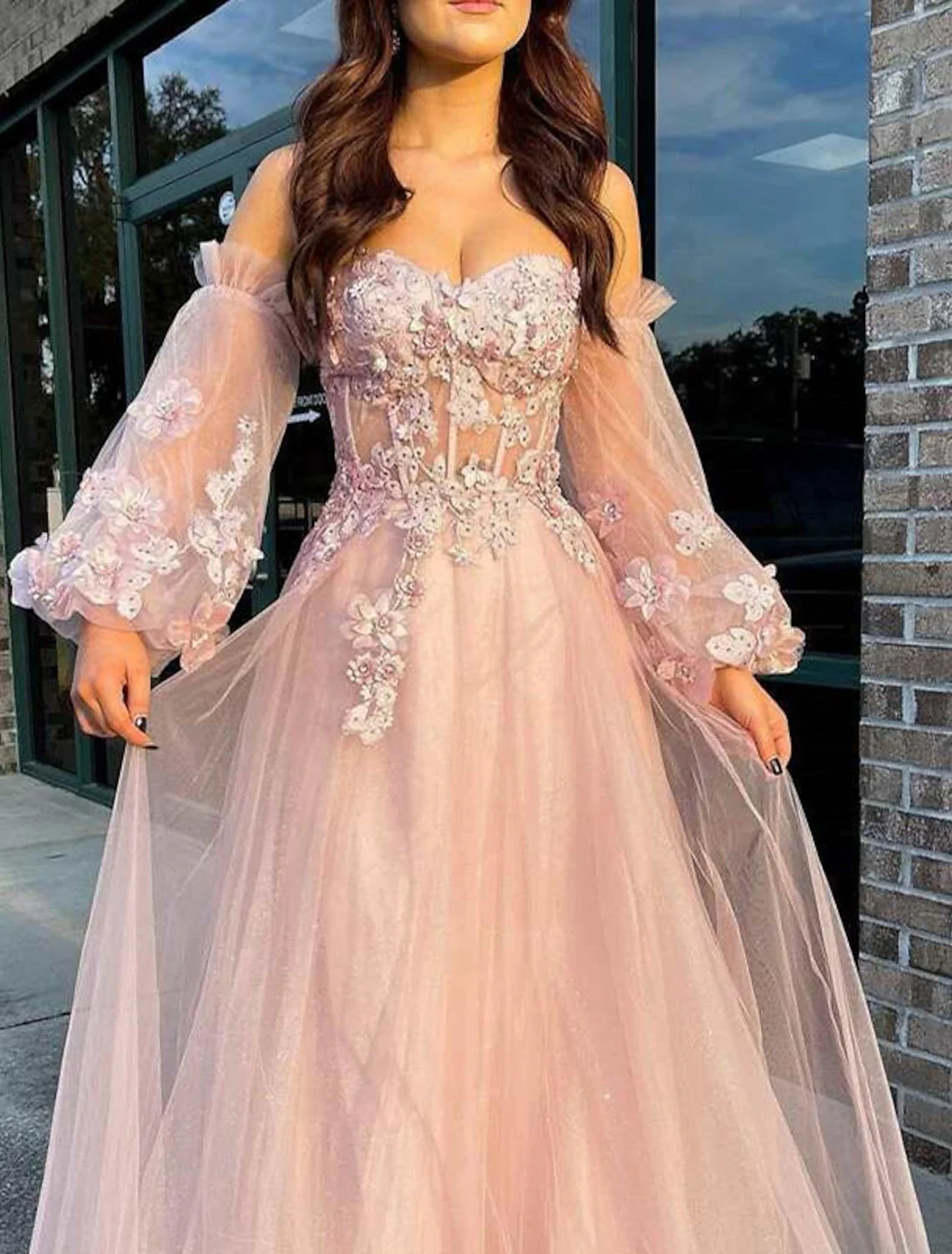 A-Line Strapless Tulle Long Sleeve Floor-Length Prom Dress - Chloe Dress